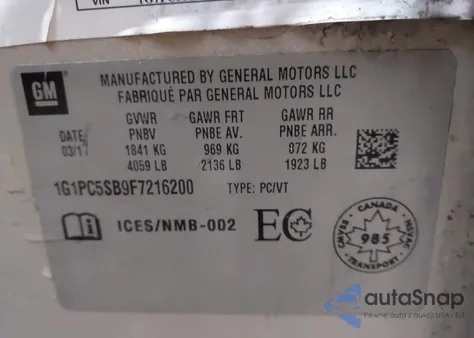 2015 Chevrolet Cruze 1Lt Auto z USA, uszkodzony, nr VIN 1G1PC5SB9F7216200